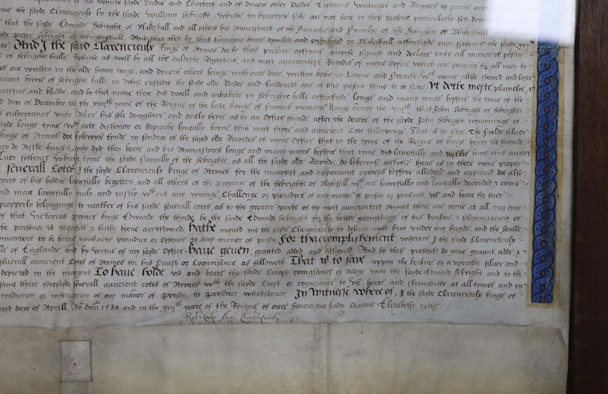 Two documents relating to a grant of arms to Edward Sebright of Blakeshall in Wolverley, Worcestershire, gentleman, April 1580